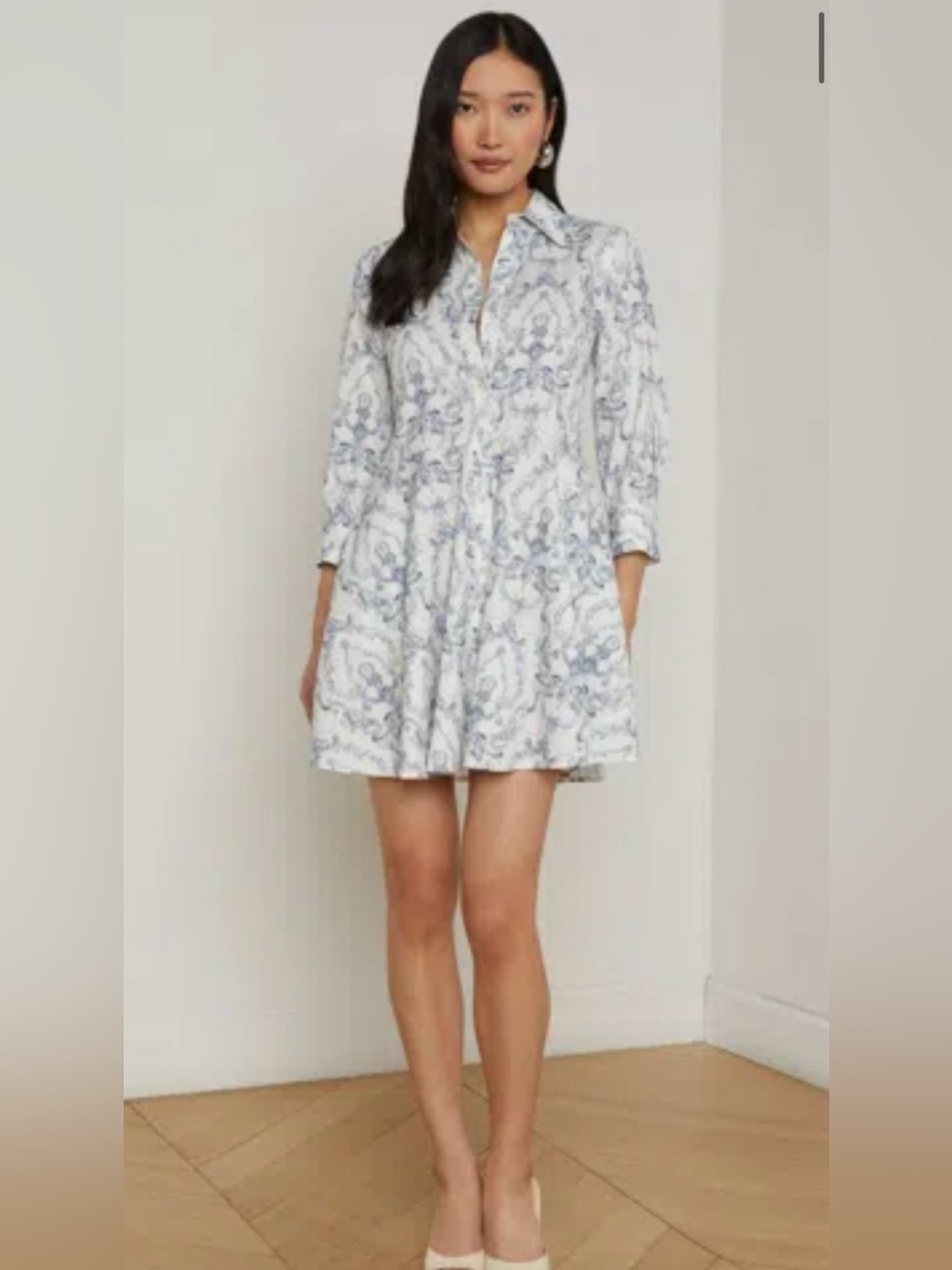 L'AGENCE Meadow Mini Shirtdress White & Blue Toile Print Sz 12